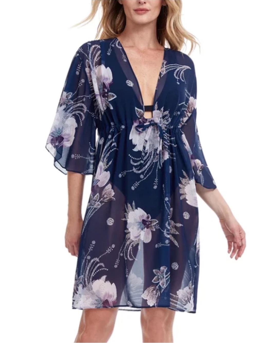 New GOTTEX Floral Sheer V-Neck Dolce Vita Coverup Kimono Dress With Drawstring